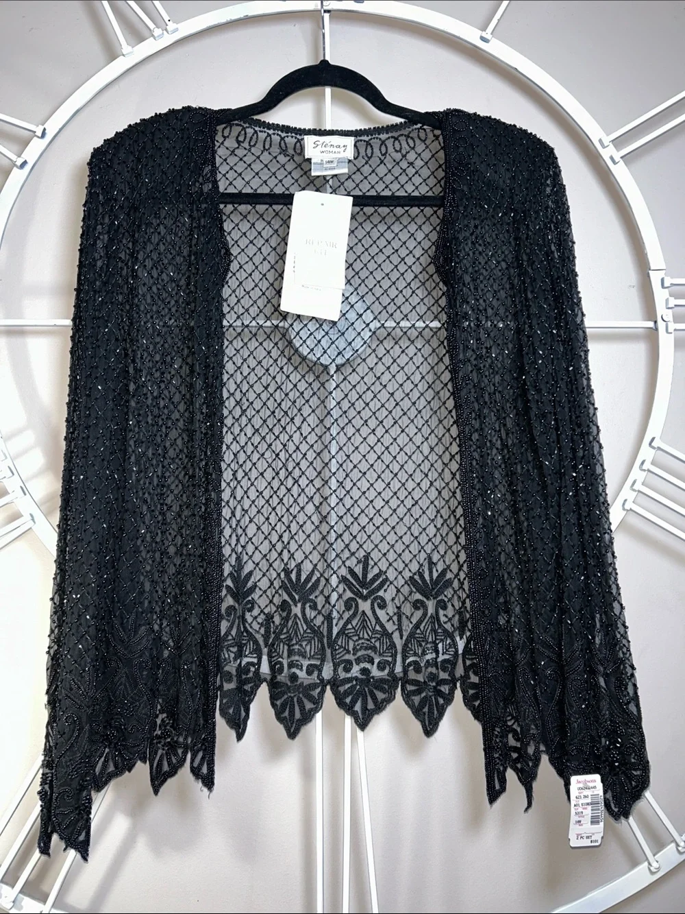Vintage Stenay 100% Silk Black Beaded Sheer Open-Front Cardigan Duster Jacket